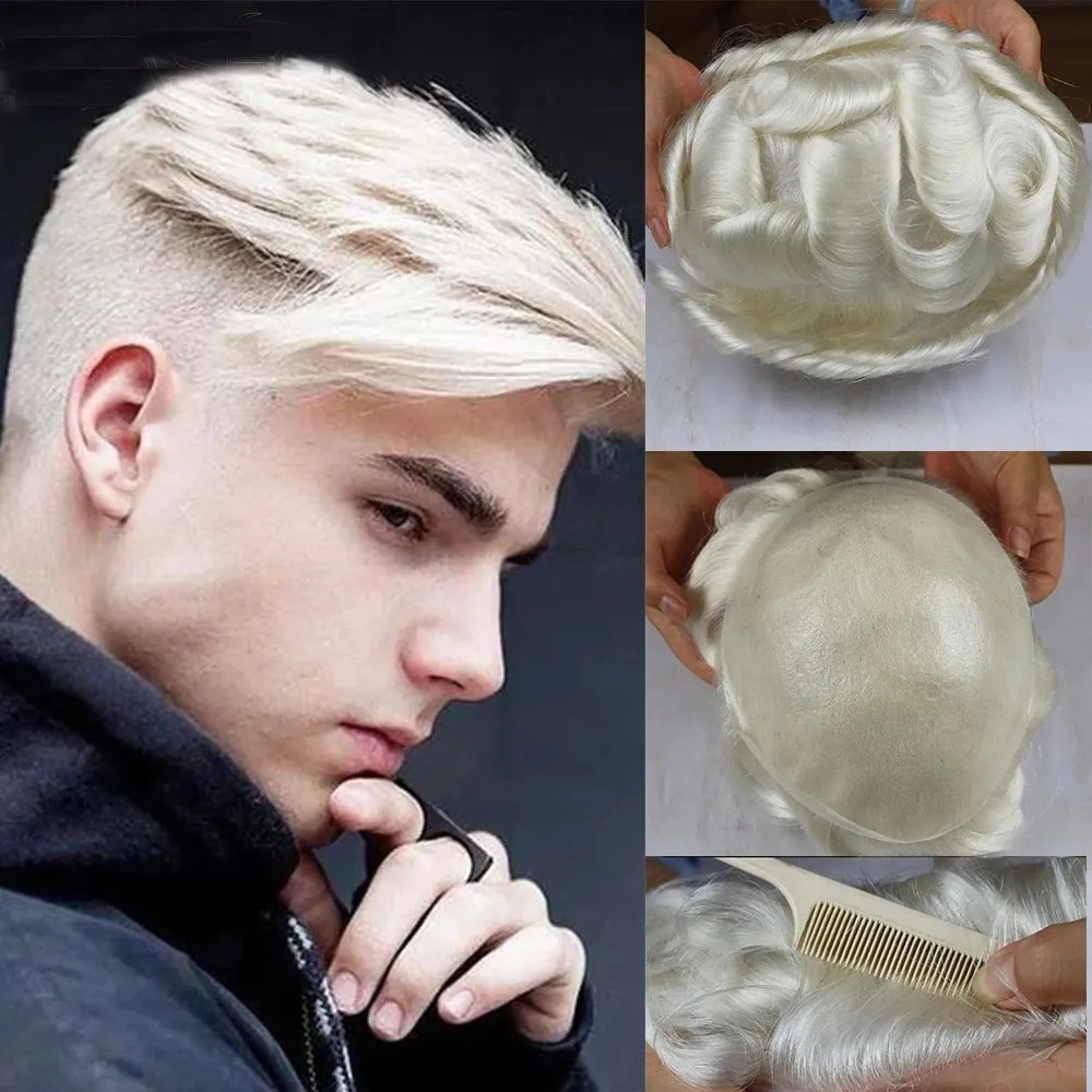 Toupet de cheveux 100% naturels européens pour hommes, peau fine, blond platine #60, densité moyenne, 6 pouces, taille 8x10, en Stock