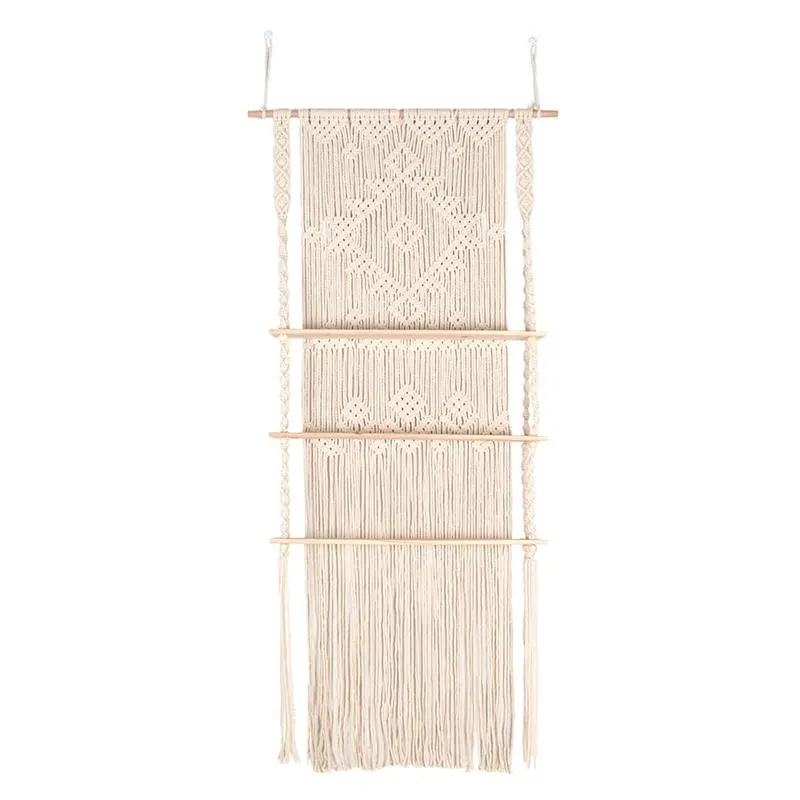 Armazenamento da cozinha Organização -Macrame Wall Pendurar prateleira 3 Tier Boho Handmade tecido de tassel de madeira organizador de madeira prateleiras flutuantes para casa