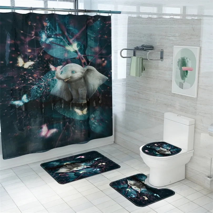 Cute Elephant Fabric Shower Curtains Bathroom Curtain Anti-skid Pedestal Rugs Carpet Toilet Lid Cover Bath Mat 220429