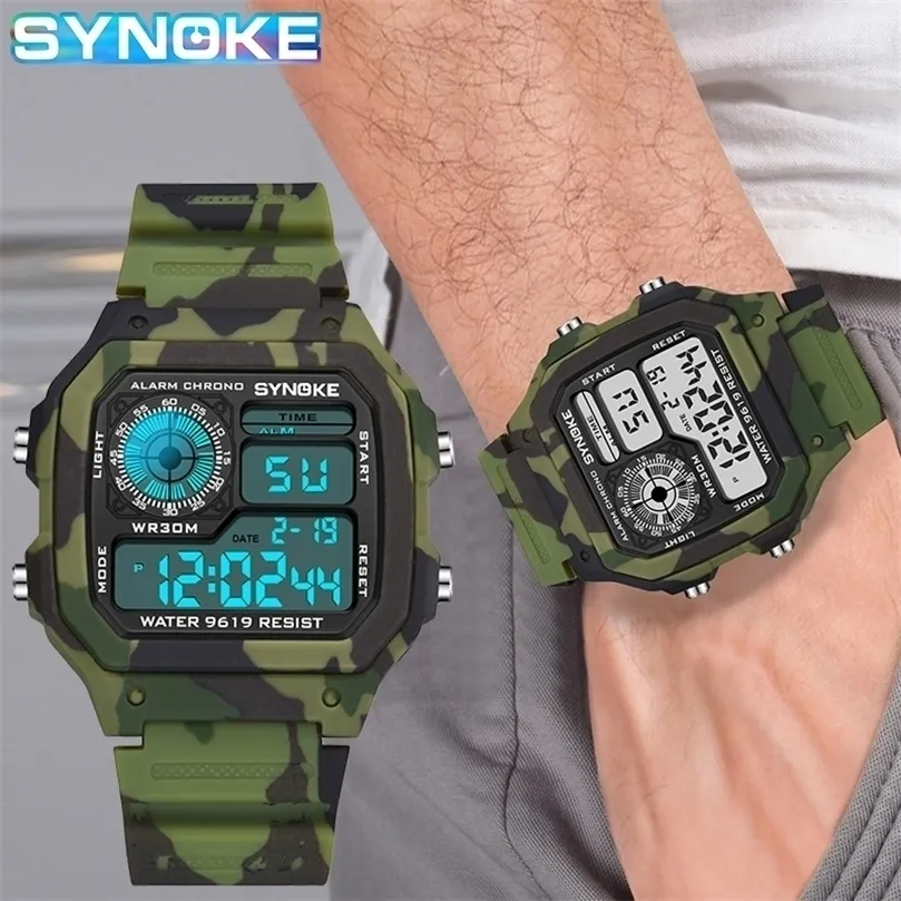 Synoke Mens Dijital İzleme Moda Kamuflaj Askeri Kol saati Su geçirmez saatler Çalıştıran Saat Relogio Masculino 220530