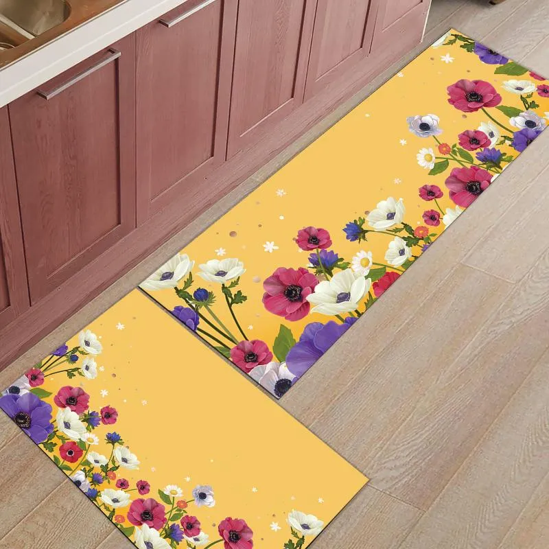 Carpets Flower Yellow Background Anti-slip Kitchen Mat For Floor Outdoor Entrance Doormat Living Room Bathroom Area RugsCarpets