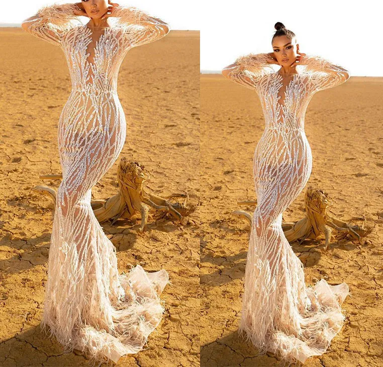 Abiti da ballo a sirena scintillanti Sexy scollo a V maniche lunghe Paillettes di piume Appliques Perline Pizzo Sexy Lunghezza pavimento cavo Plus Size Abiti da festa formale Custom Made