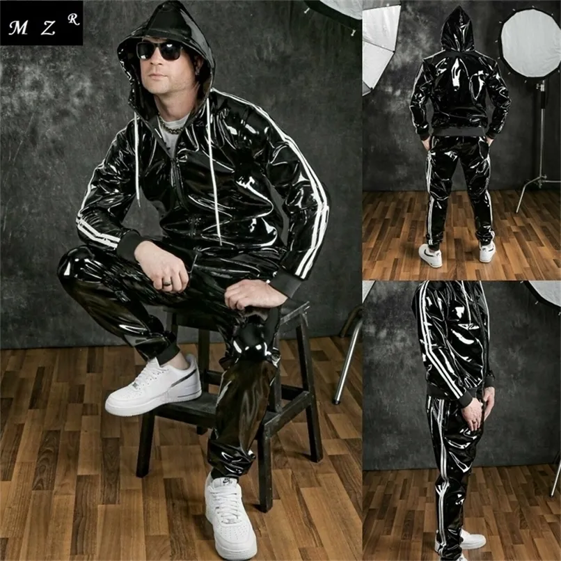 Autumn And Winter Men Set Fashion Pu Hoodie Motorcycle Casual Jogging Jacket Sports Suit 220803