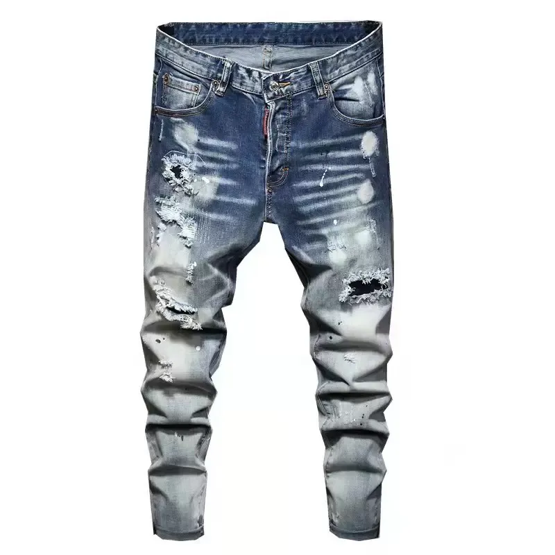 Hip-Hop High Street Fashion Brand Jeans Retro Torn Torning Mening Mener Mustriving Motorcycle Riding Slim Pants Size 28-40 188J