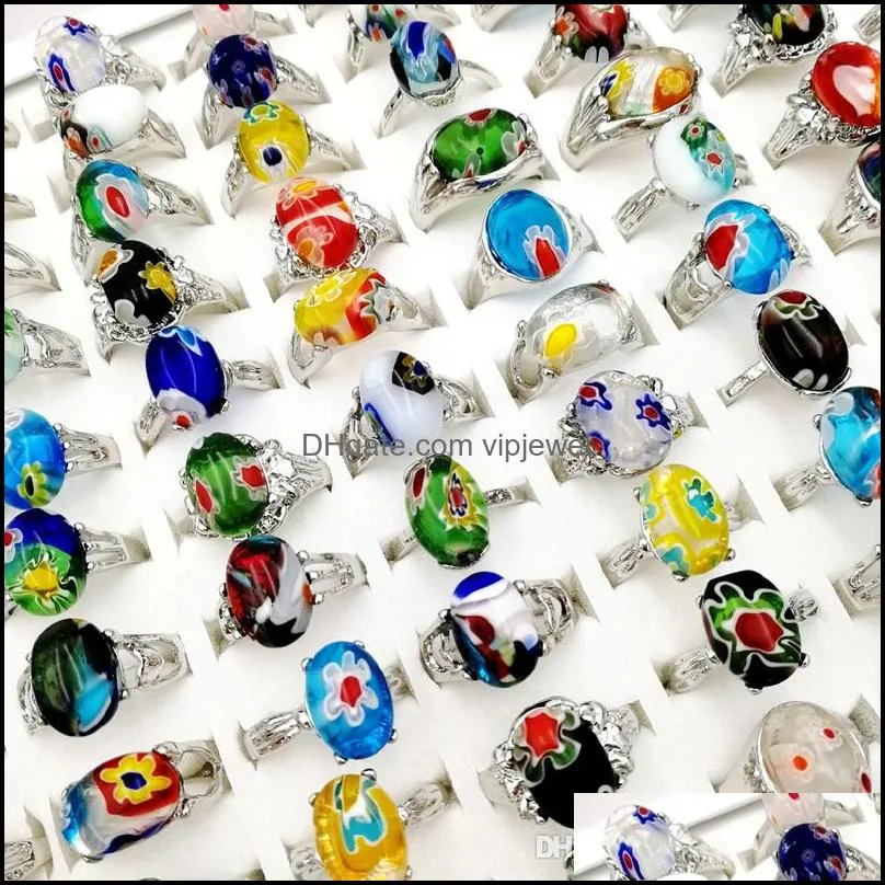 Newest 20 Pieces/lot Imitation glaze band Rings Mix Style Glass flower Designs fit Women`s and Men fashion party charm gem Jewelry girl kid
