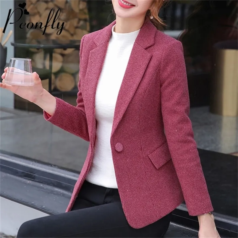 Peonfly Fashion Plaid Women Blazer Single Button Långärmad Kvinna Casual Coats Office Ladies OuterWear Chic Toppar Blazer 220402