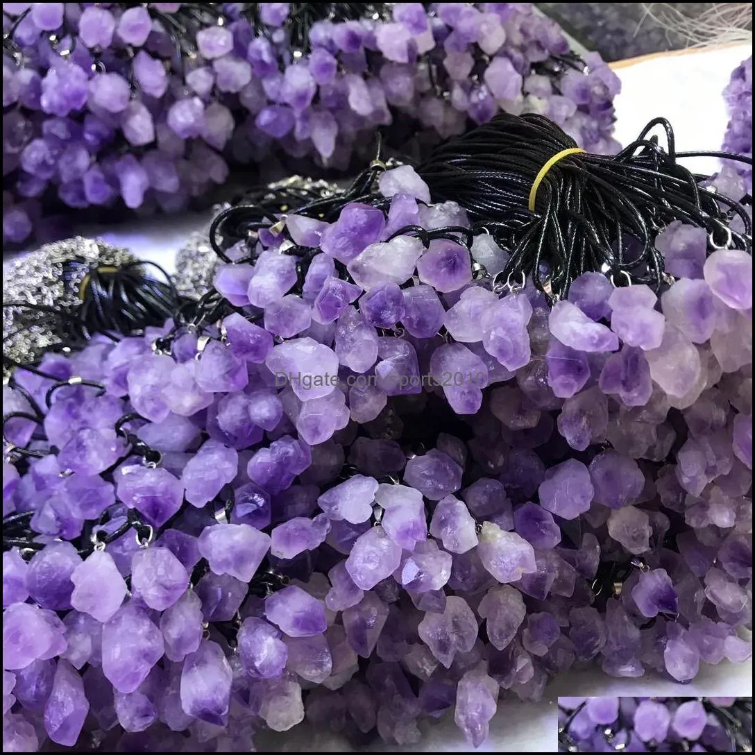 natural amethysts stone pendant necklace high quality leather rope necklace women trendy jewelry factory wholesal sports2010
