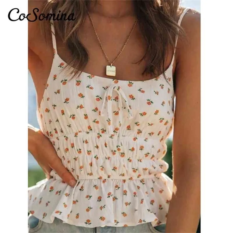 CoSomina Sexy Spaghetti Strap Floral Print Cami Tops Sommer Frauen Rüschen Elastische Hohe Taille Weibliche Tops Damen Party Tops 210401