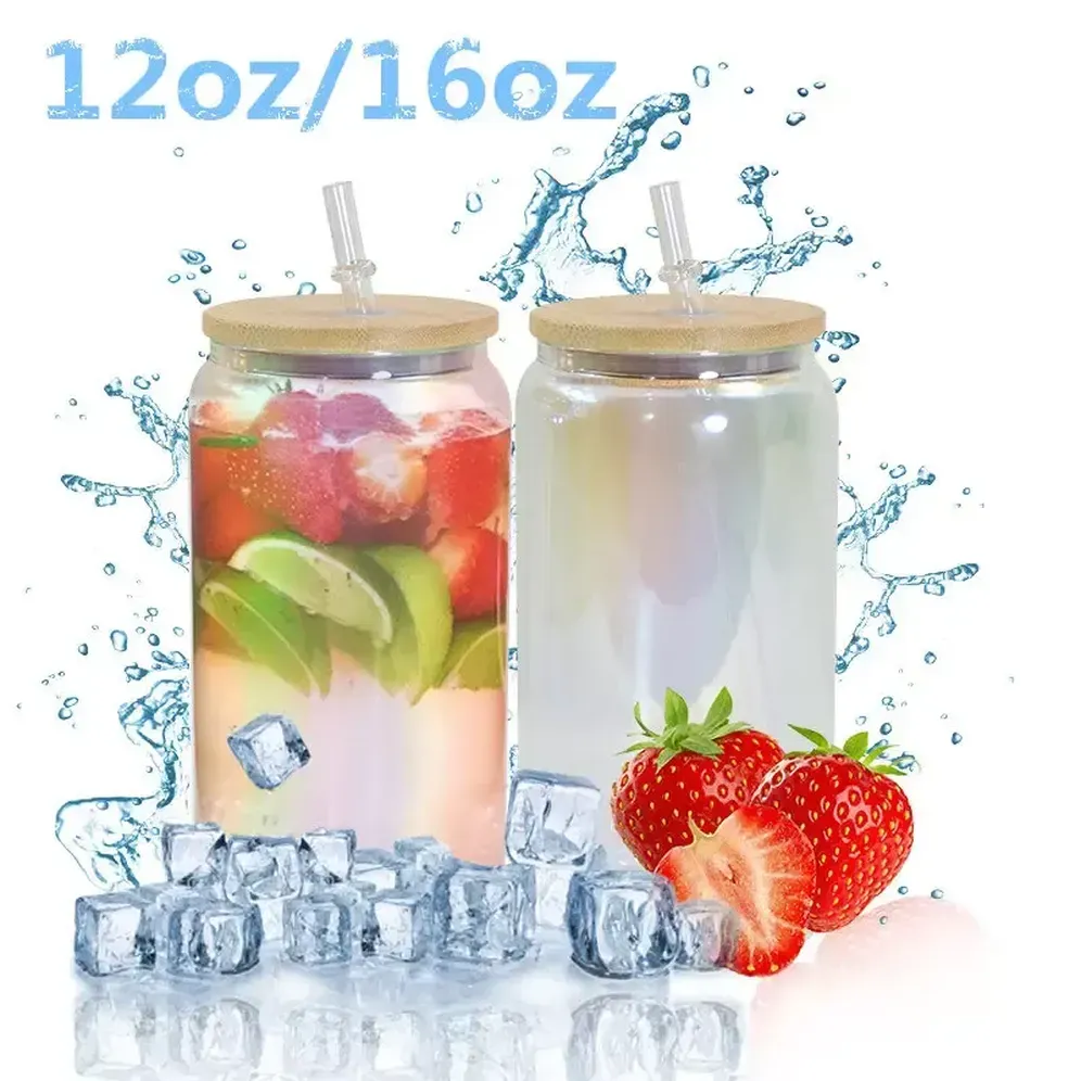 12oz 16oz Sublimation Glass Cup Jar Clear Frosted Beer 캔 유리 텀블러 반짝이 반짝이는 아이스 커피 유리 대나무 뚜껑과 밀짚 머그 선물 0609