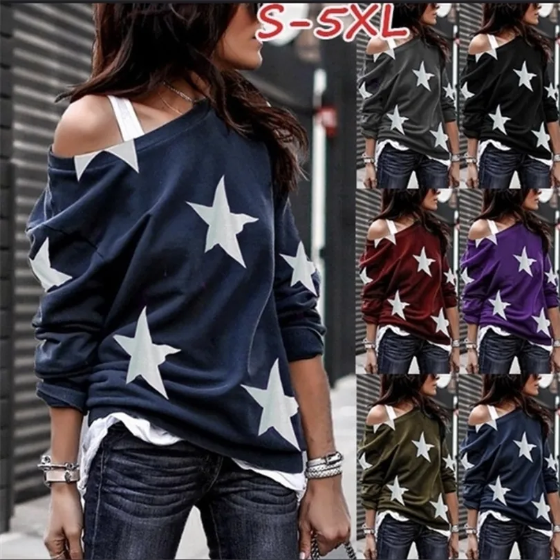 Nowa moda koszulka Kobiet Oneck FivePointed Star Tops Tees Kobiet Long Sleeve Street Ladies Plus Size Code S5xl T200614