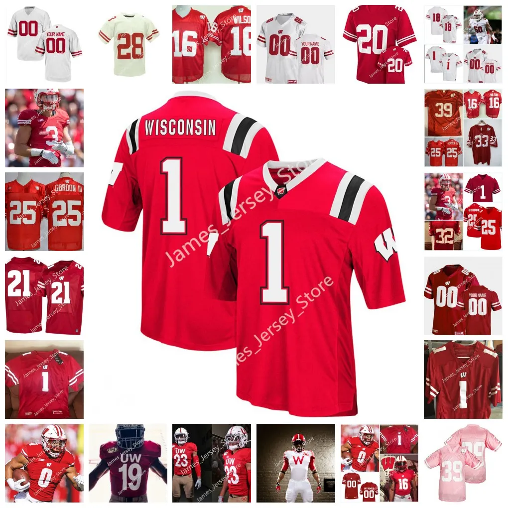 2022 NCAA Wisconsin Badgers genähtes Fußballtrikot 34 Jackson Acker 26 Travian Blaylock 2 Ricardo Hallman 54 Jordon Turner 20 Semar Melvin 59 Aaron Witt 49 Cam Large