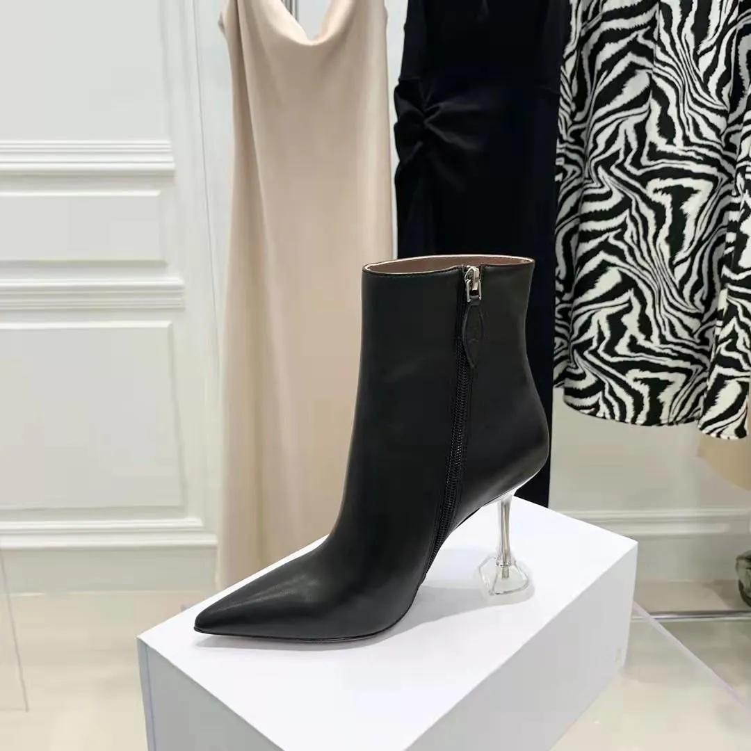 Fashion Season Shoes Amina Italy Muaddi Giorgia Ankle Boots Cubic Plexi Heels Black Genuine Leather