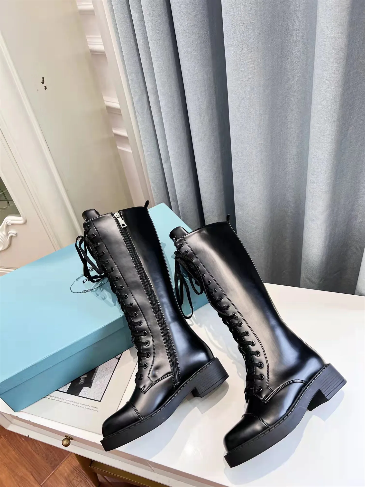 Lace Up Womens Leather Knee High Walking Boots Womens Black