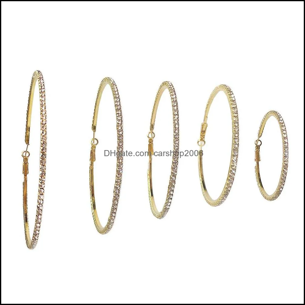 Party Fashion Round Hoop Big Charm Earrings Rhinestone Circle Crystal Earring Elegant Simple Pierced Silver Golden Jewelry