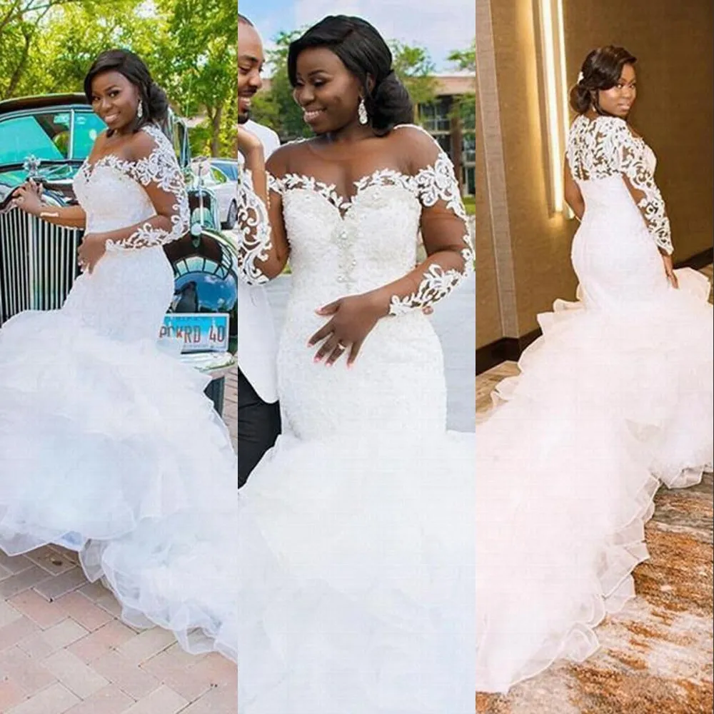 2022 Africano di lusso sirena Abiti da sposa Illusione maniche lunghe pizzo perline di cristallo organza cappella treno ruffles livellato plus size abiti da sposa vestidos de novia