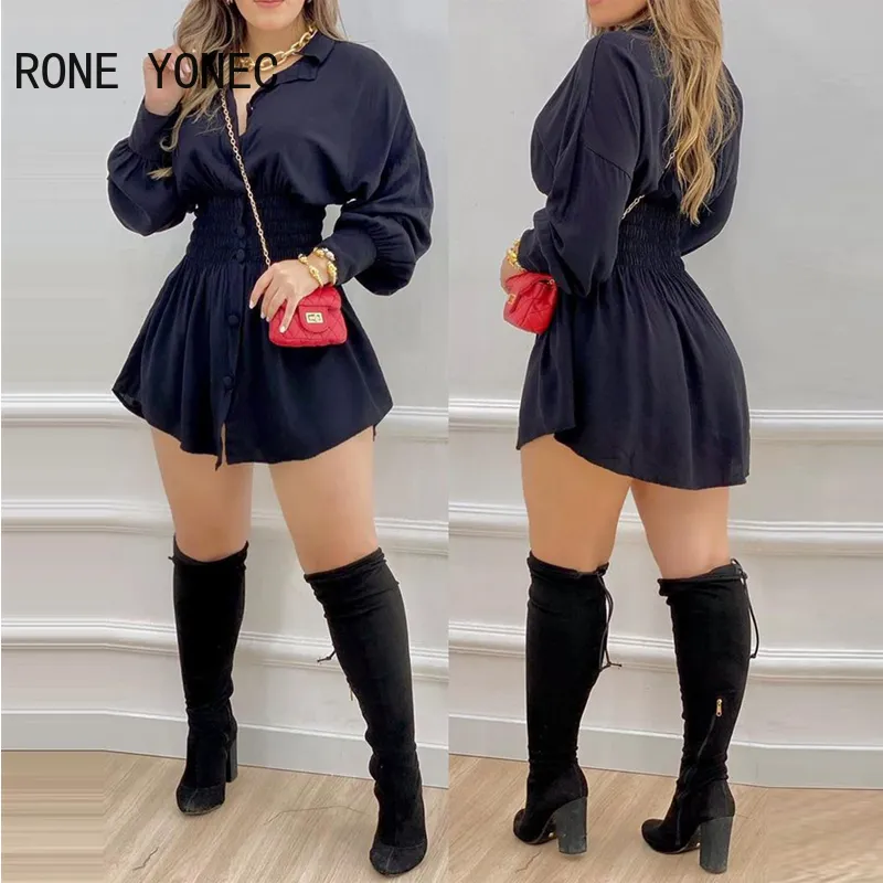 Vrouwen Casual Solid Letter Tailleband Letter Print Shirred Lantern Sleeve Hirted Shirt Dress 220713