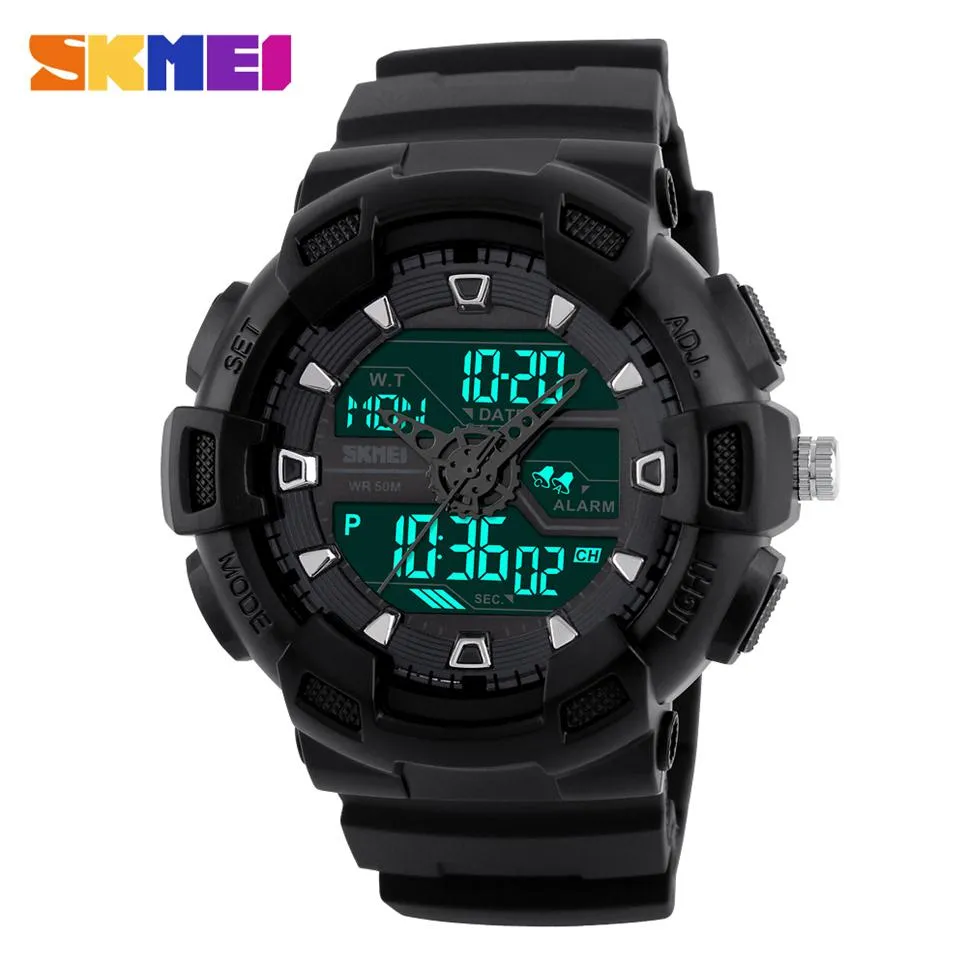 SKMEI Brand Waterproof Sports Men Watches LED Digital Black Dual Time Display Watches Fashion Military Outdoor Wristwatches 1189277P