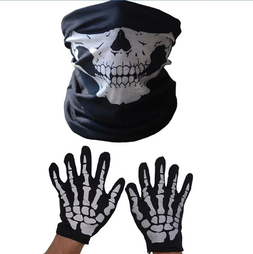 Skull Face Mask Skeleton Gloves Set Costume Accessories Bones Balaclava Christmas Ghost Mittens for Halloween Dance Party Props Black