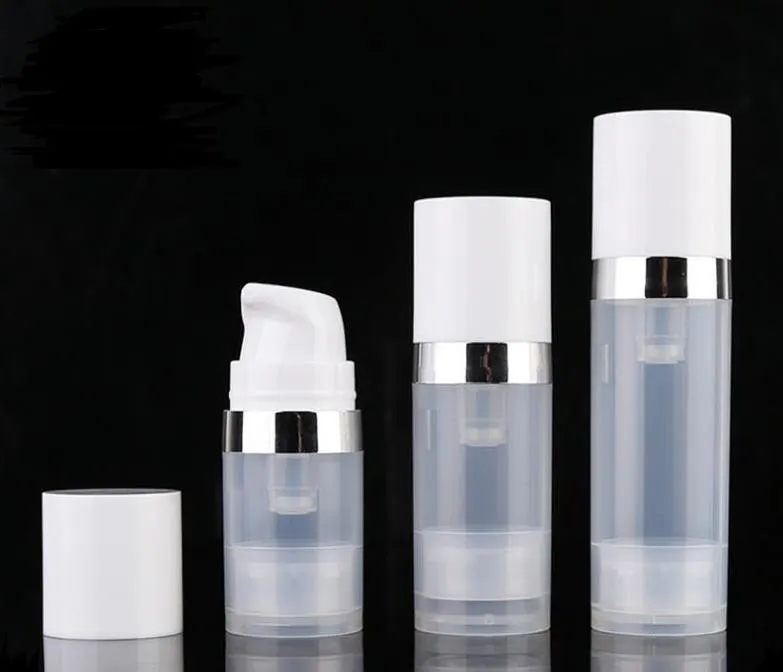 Lege 5 ml 10 ml airless flessen duidelijke vacuümpomp lotion fles met zilveren ring cover cosmetische verpakking SN4892