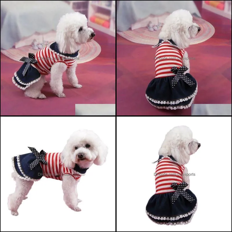 Puppy Dog Pet Stripe Costume Princess Dress Lace Pleated Lapel Stripe Bow Pet Supplies Dog Denim Clothes