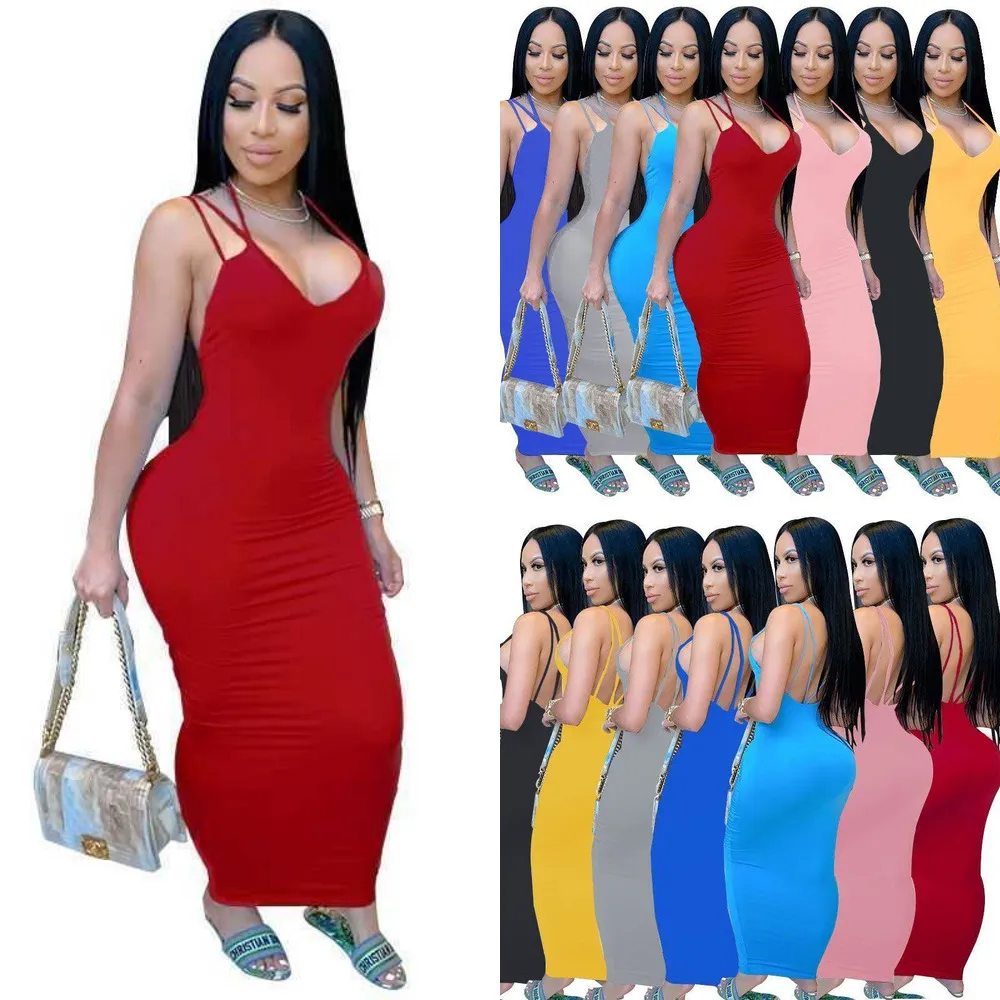 2022 Women Maxi Dresses Summer Sexy Sleeveless Plus Size Backless Casual Long Dress Skinny Stretchy Bodycon Pencil Skirt