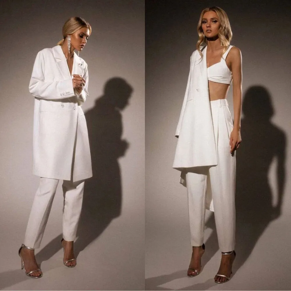 White Wedding Women Loose Blazer Suits 2 pieces V Neck Long Sleeve Mother of the Bride Pants Set Guest Wear(Jacket+Pants)