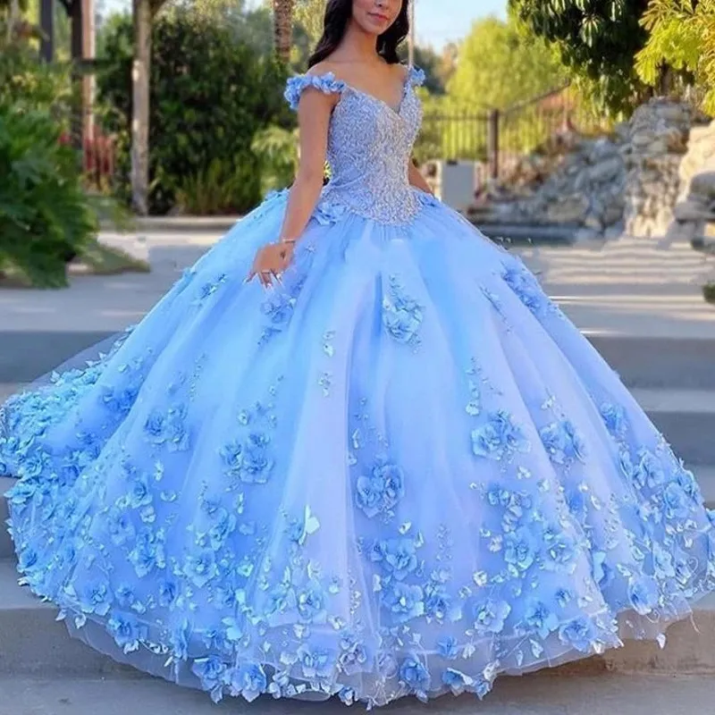 2024 Dreaming Floral 3D Flowers Quinceanera Dresses Prom V-hals Flower Straps Pärled Corset Back Sweet 15 16 Girls Dress