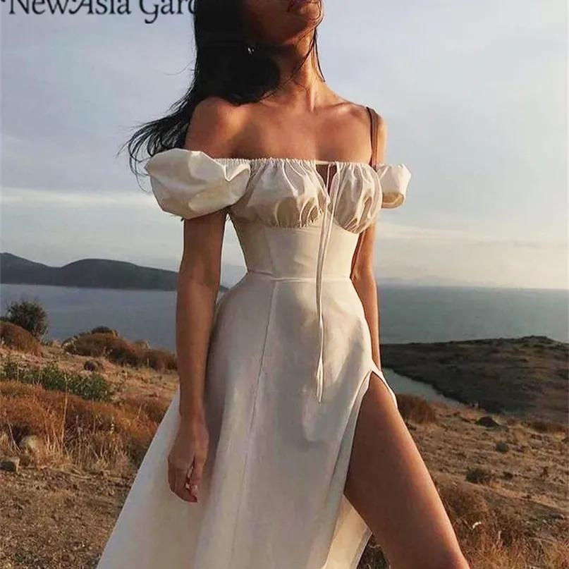 Elegant Off Shoulder White Dress With Puff Sleeves Cut Out