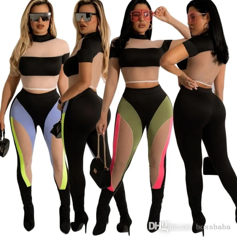 Femmes deux pièces pantalon ensemble 2023 nouvelle mode maille couture couleurs contrastées à manches courtes yoga Leggings Slim Fit costume
