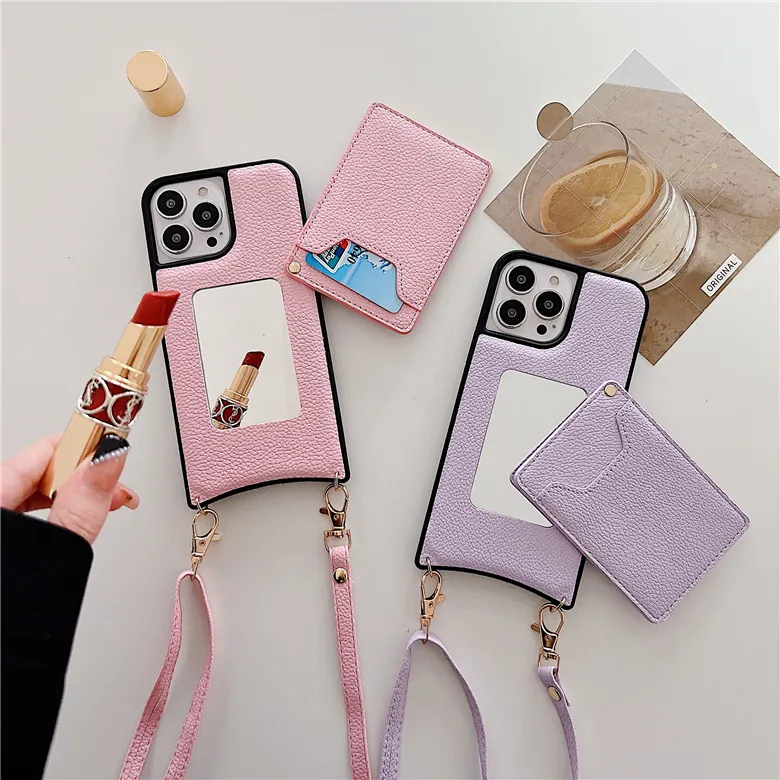 Collar Lychee Grain Leather Mirror Phone Case para iPhone 13 12 11 Pro Max 7 8 SE2 SE3 Cuerda de cordón ajustable 360 Ranura para tarjeta giratoria Monedero Embrague Shell protector