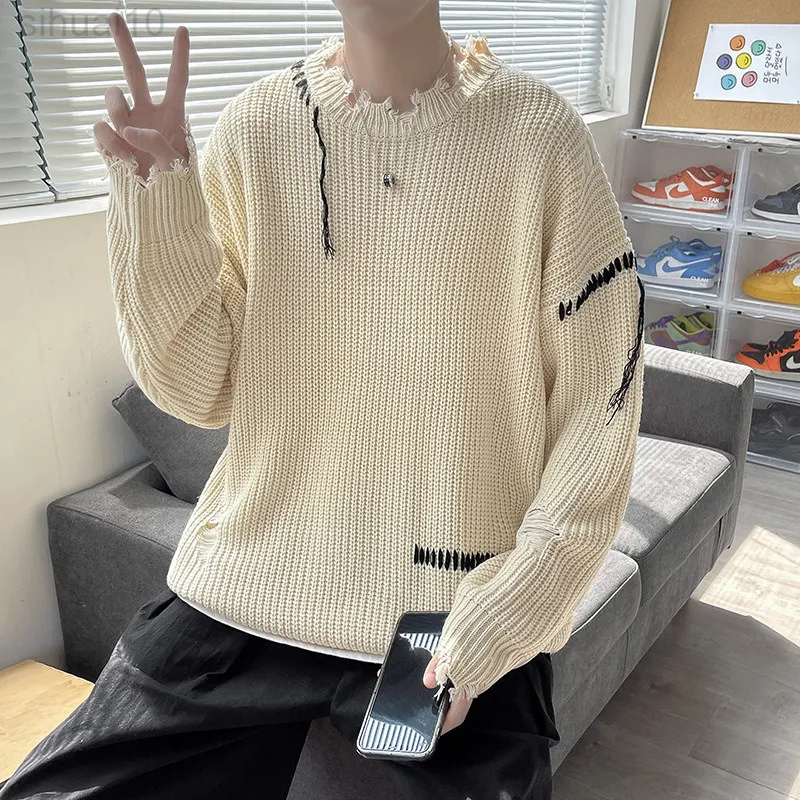 Men suéteres desenhos de buracos irregulares Harajuku Casais de moda de manga longa Sweaters redondo suéters de rua altas machos outono L220801