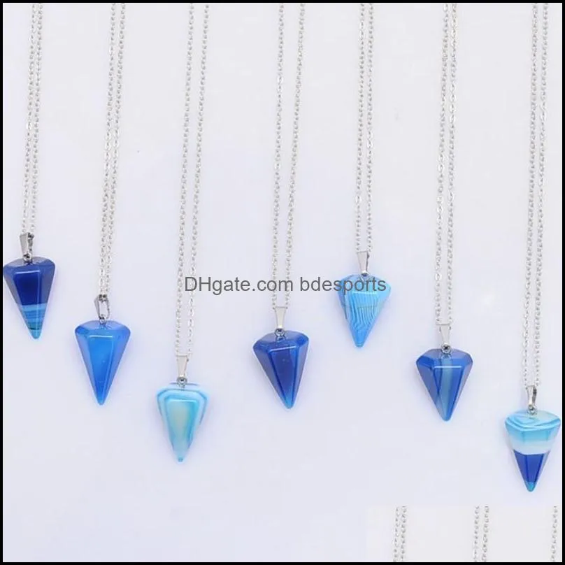 party favor Crystal Natural Gemstone Jewelry Pendant Necklace Healing Chakra Reiki Silver Stone Hexagonal Prisme Cone Pendulum Charm Necklaces with