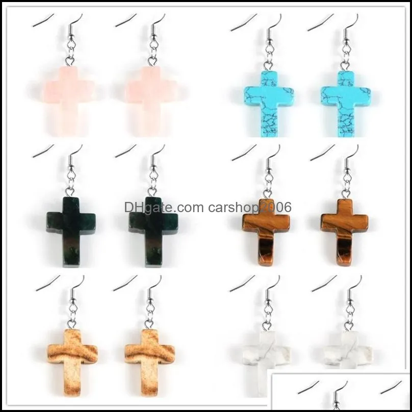 cross turquoises rose crystal quartz tiger eye opal stone charms dangling earrings amethysts hanging earring fashion women jewelry