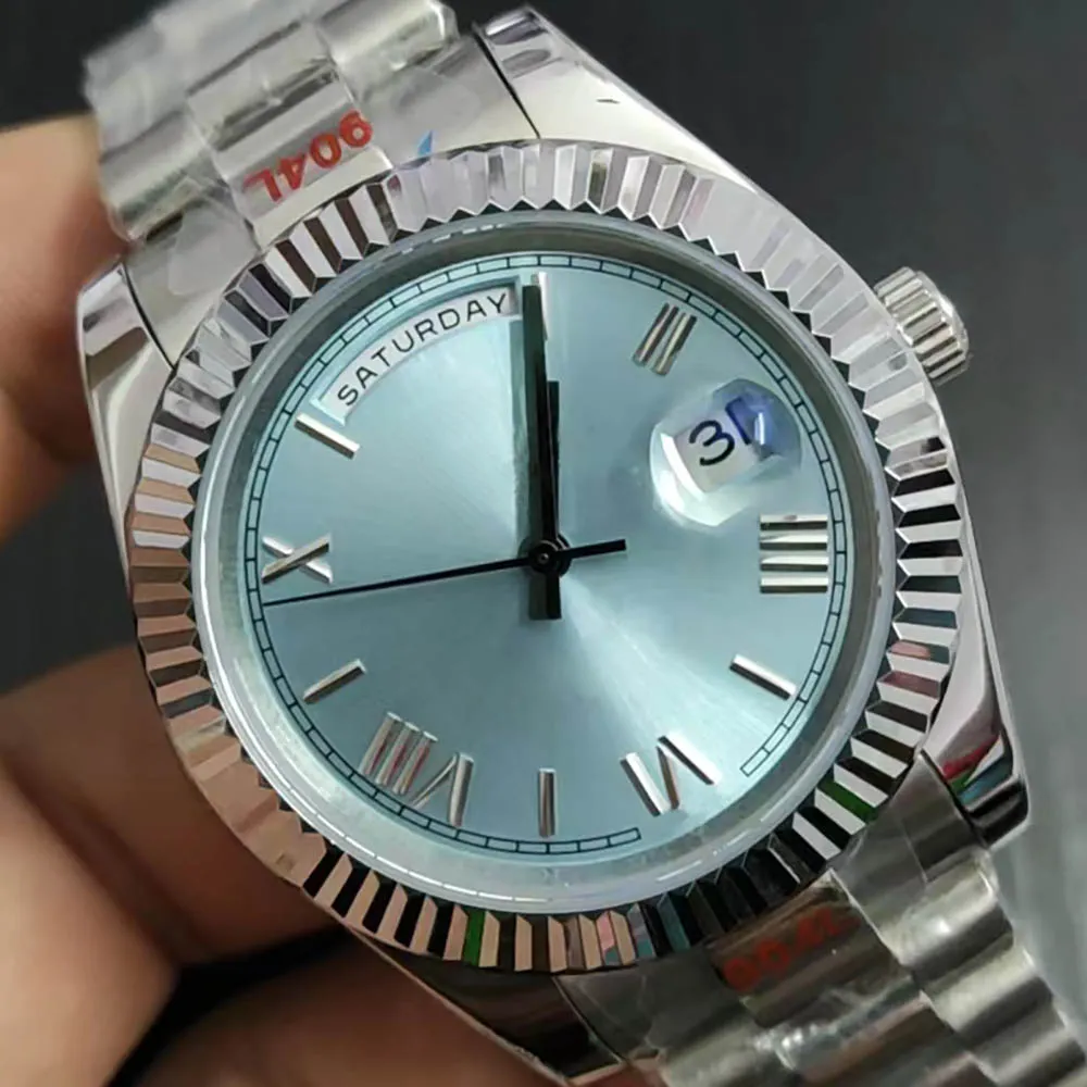 St9 Steel News Men Watches Baby Blue Dial New Automatic Mechanics 41MM الياقوت الزجاج المقاوم للصدأ الرجال ووتش