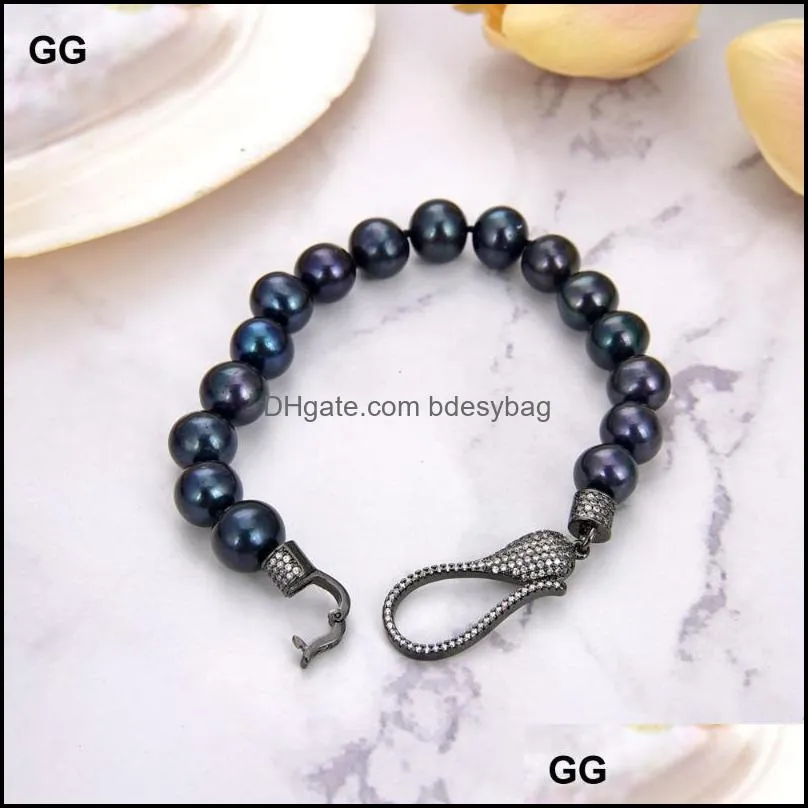 link chain jewelry 8`` 9-10mm black keshi round pearl braceletlink