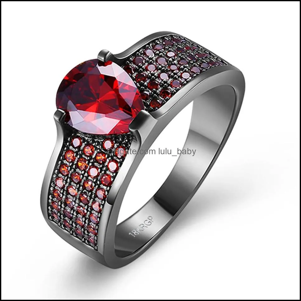 fashion black gun plated rings black gold water drop red/green crystal zircon rings for women trendy party anel jewelry