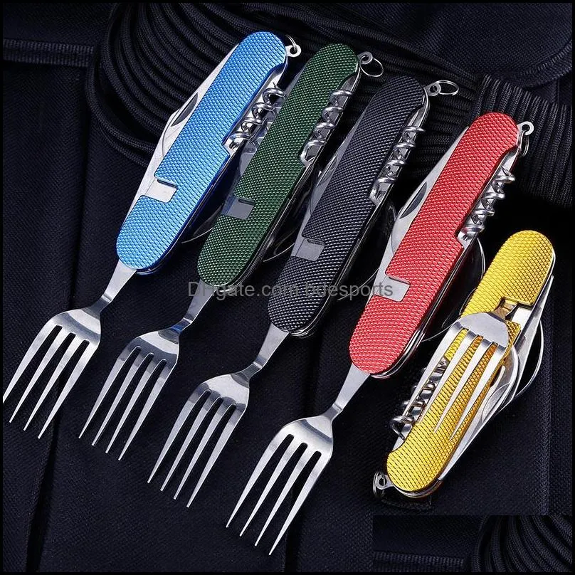 Multifunctional Folding Knife Dinnerware Sets Portable Combination Folding Cutlery Keychain Pendant Outdoor Camping Tools 5 Colors