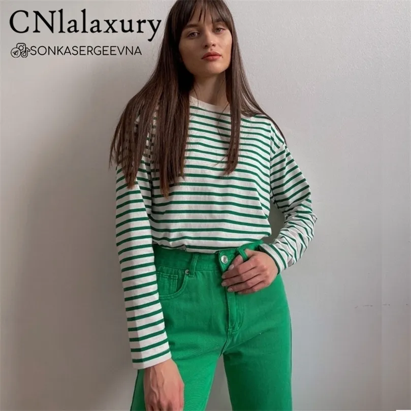 CNlalaxury Donna Strisce Bianche E Nere O Collo Casual Top Manica Lunga Pullover Allentato Za T-Shirt Srping Moda Camicia 220408