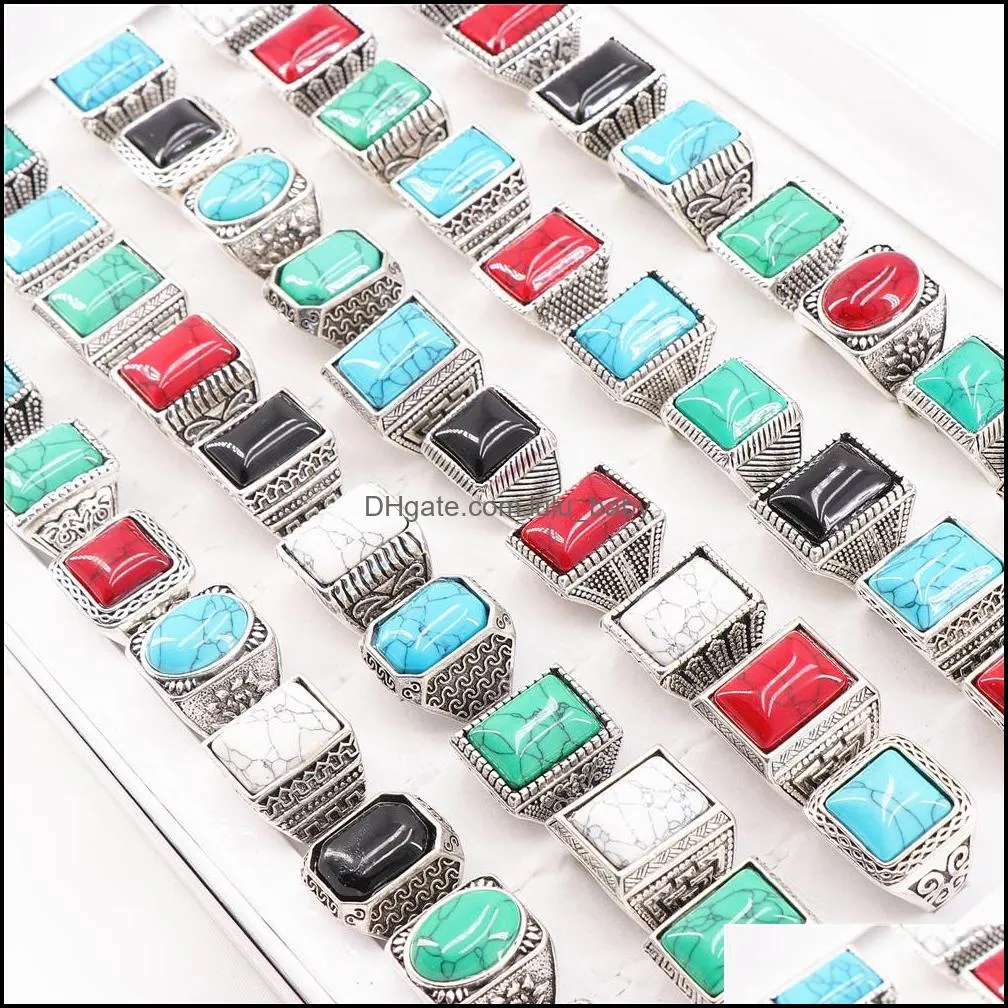 20pcs rings vintage square ellipse turquoise stone ring for men women party gift jewelry mix style