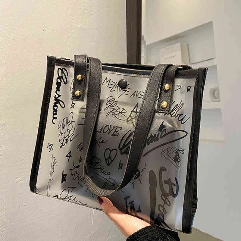 Ladies Transparent Shoulder Bag Ladies Fashion Messenger Handbag Trendy Graffiti Composite Female Tote Bag Bolso Mujer 220608