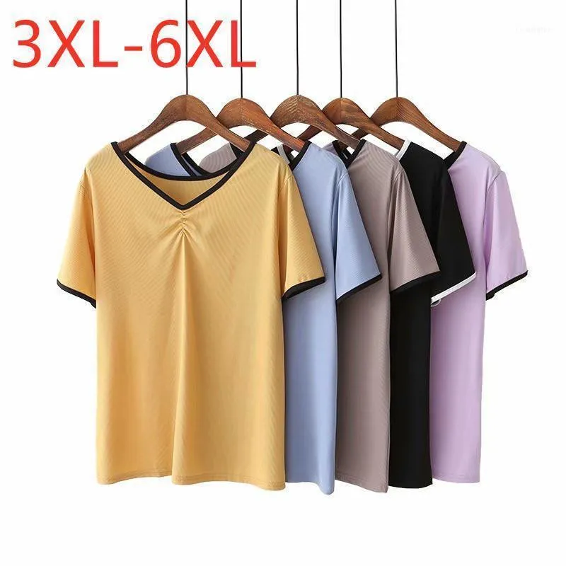 Women's T-Shirt 2022 Ladies Summer Plus Size Tops For Women Large Short Sleeve Slim Fold Elastic Yellow Pink V-neck 3XL 4XL 5XL 6XL