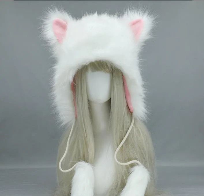Faux Fur Cat Ear Beanie Hat Winter Warm Soft Fuzzy Earflap Cap for Skiing Motorcycle Cosplay Halloween Party Black