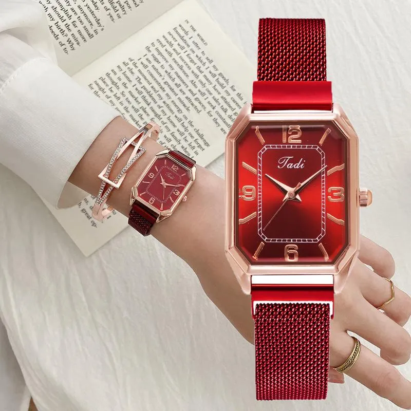 Polshorloges kijken naar dames vierkant roségouden pols mesh riem mesmerk vrouwelijke dames kwarts klokcadeau reloj mujerwristwatches