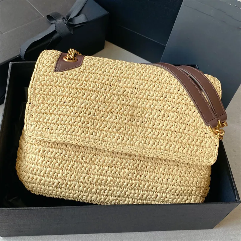 niki sac à chaîne moyenne en paille tissé sacs de tissage en cuir designer de luxe niki bébé rabat bandoulière haute couture shopping fourre-tout portefeuille poche arrière ouverte