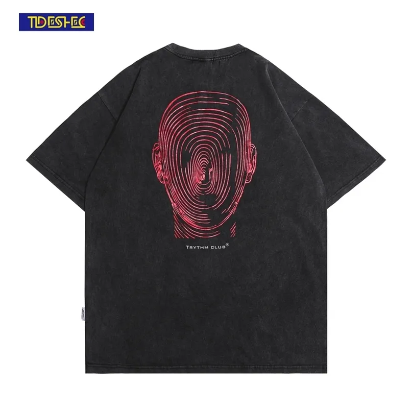 TIDESHEC lavé t-shirt hommes européen américain surdimensionné empreinte digitale Portrait imprimé t-shirt rétro été à manches courtes t-shirts 220610