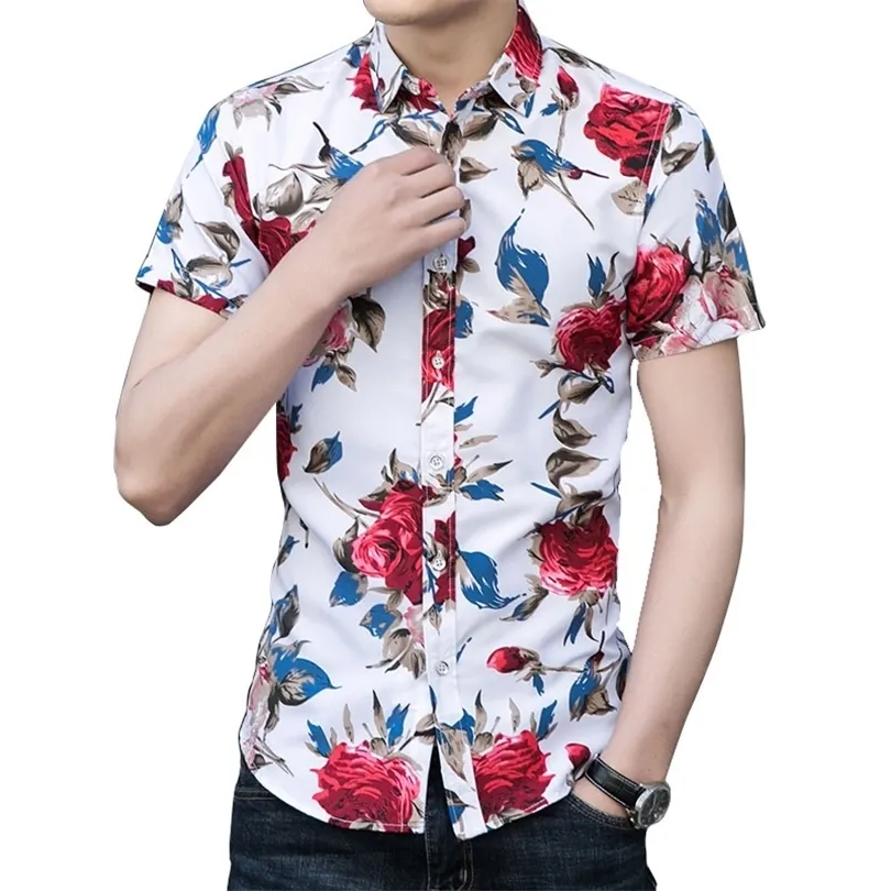 Camicia hawaiana da uomo Casual da uomo Camicie con bottoni da spiaggia a maniche corte con stampa floreale a rose rosse rosse Plus Size 5XL 6XL 7XL 210412