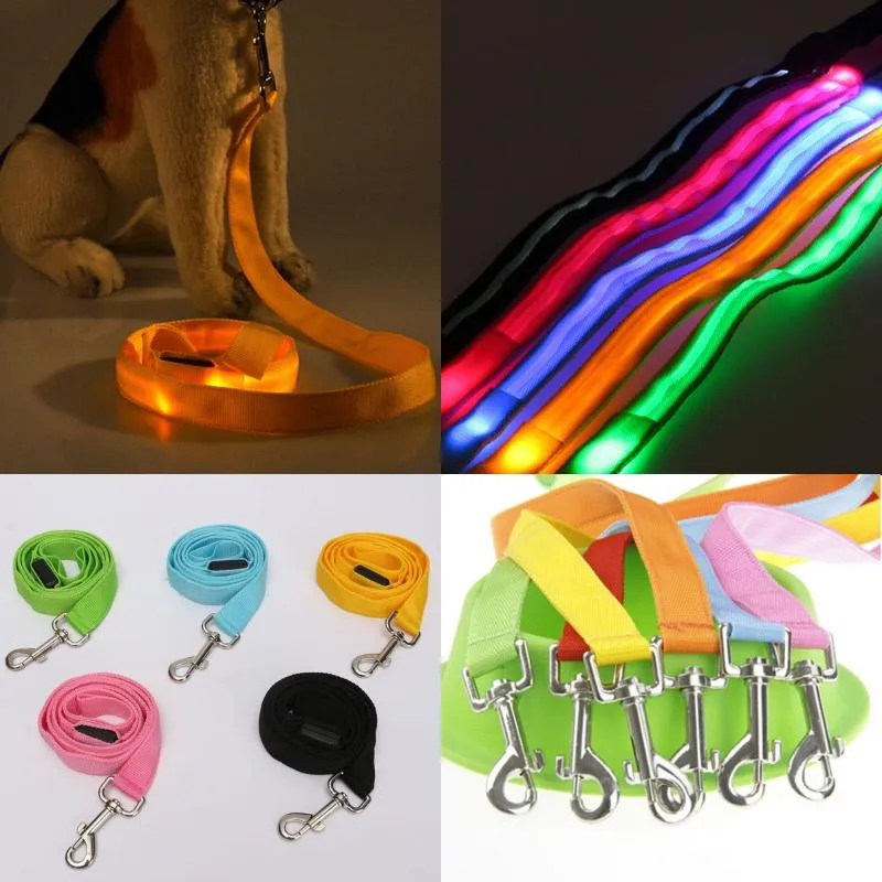 Dog Collars & Leashes Pet Supplies LED Cat Leash Night Safety Glow Flashing Lighting Up 120cm Nylon Leads For Collar 7 ColorDog