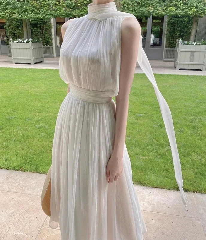 Women s Spring And Summer Style Gentle Elegant Long Skirt High Collar Sleeveless Fashion Sexy Dress 220613