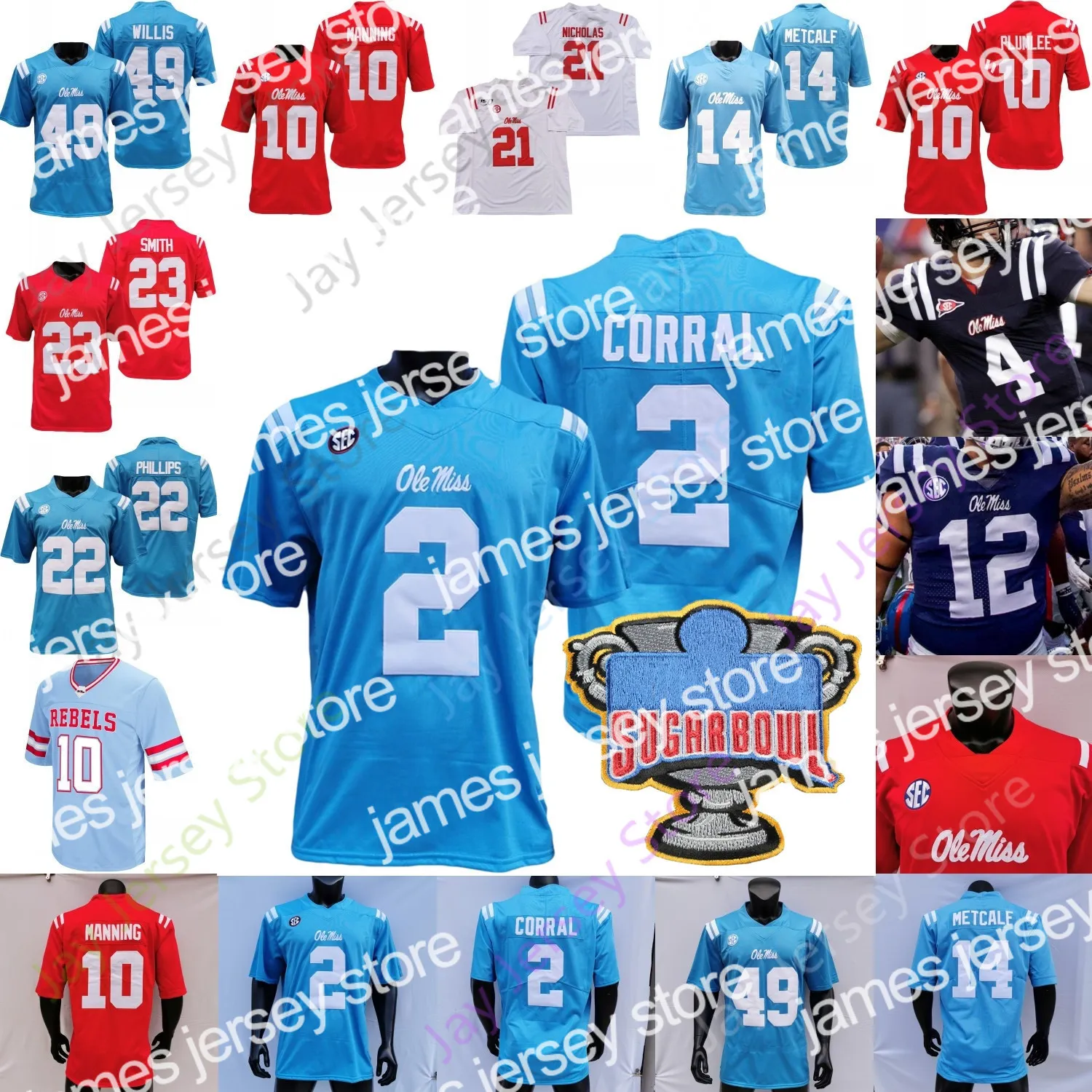 James Custom Sugar Bowl Ole Miss Rebels Football Jersey NCAA College Matt Corral Snoop Conner Drummond Eli Manning A.J. BROWN Jerrion Ealy D.K.