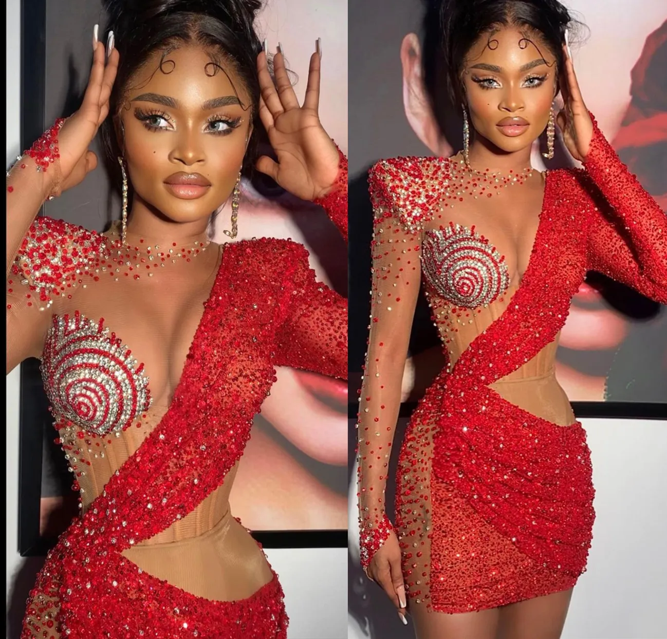 2022 Plus Taille Arabe Aso Ebi Rouge Luxueux Robes De Bal Courtes Sheer Cou Soirée Formelle Deuxième Réception Anniversaire Robes De Fiançailles Robe ZJ556